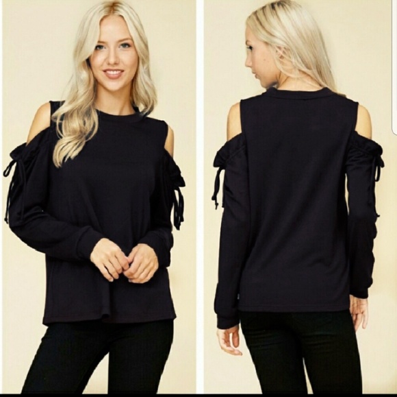 Crescent Tops - 🖤Sexy Black Cold Shoulder Top with Ties